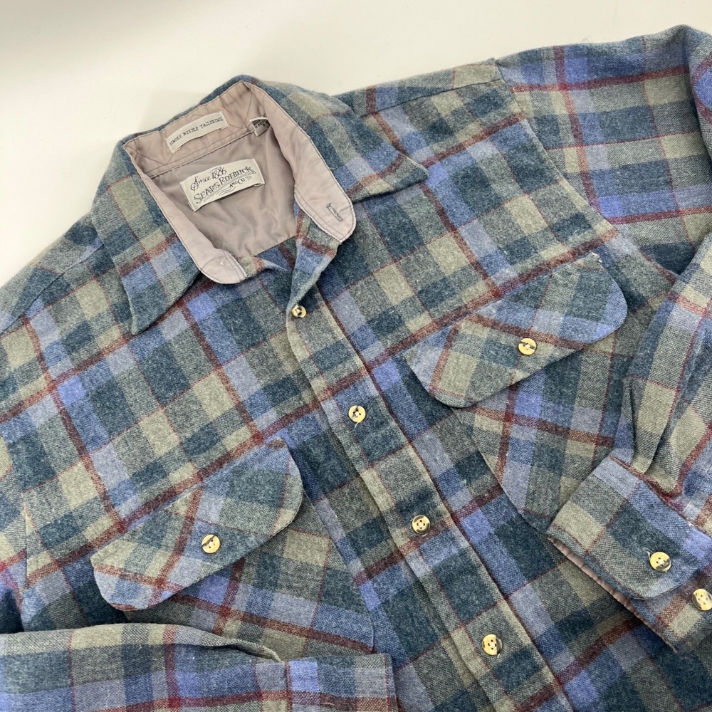 Vintage Sears Roebuck Mens M Single Needle Plaid Wool Blend Flannel Shirt Korea